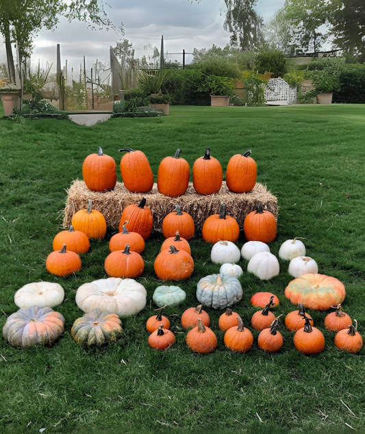 42 pumpkins of different varieties and 2 hay bales sit on the grass in a park.