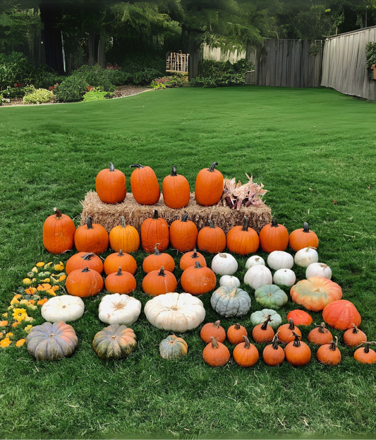 53 pumpkins of various sizes, shapes and colours and a variety of small gourds sit on two hay bales on the grass in a backyard.