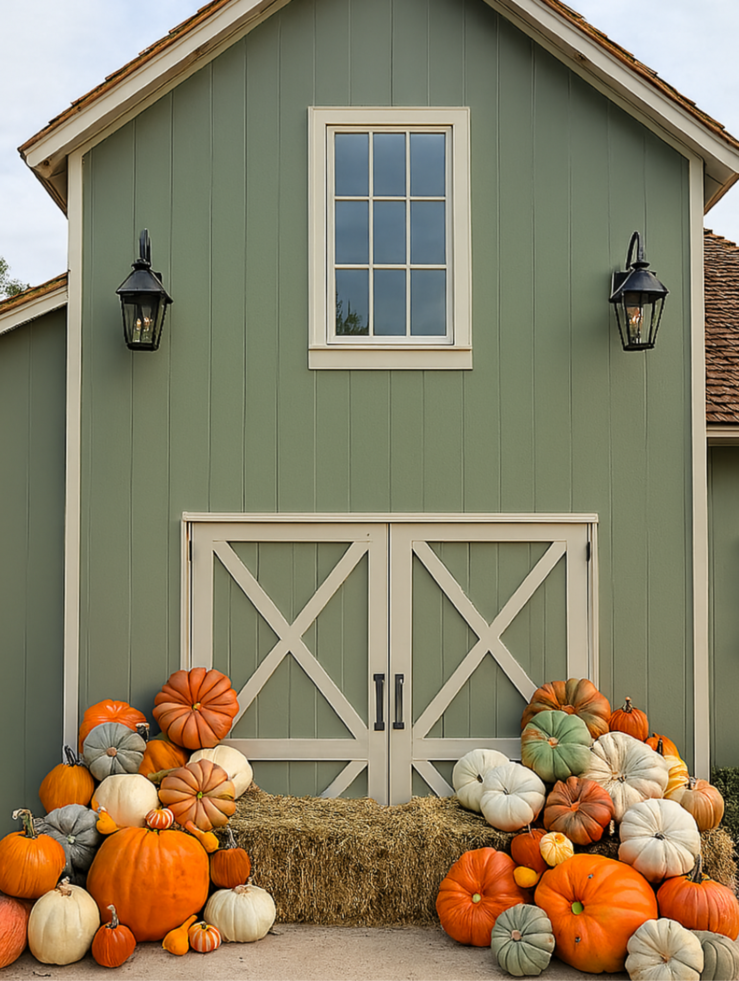 Green barn with pumpkins and hay bales in front
