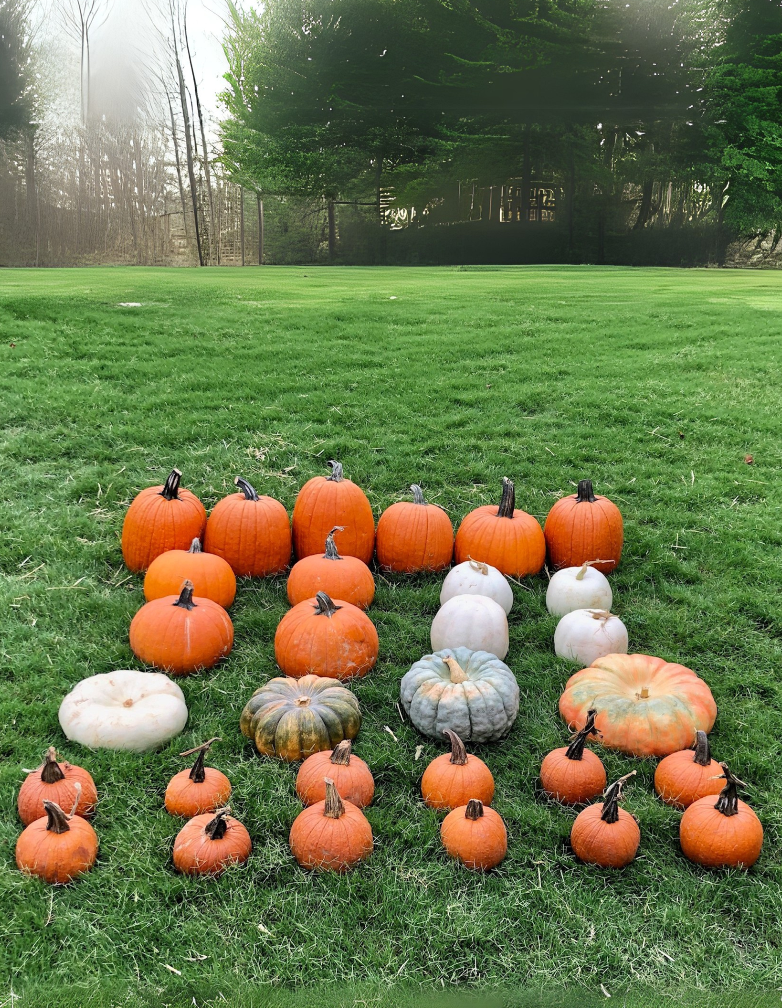 Thirty different types of pumpkins sit on the grass in a park. 
