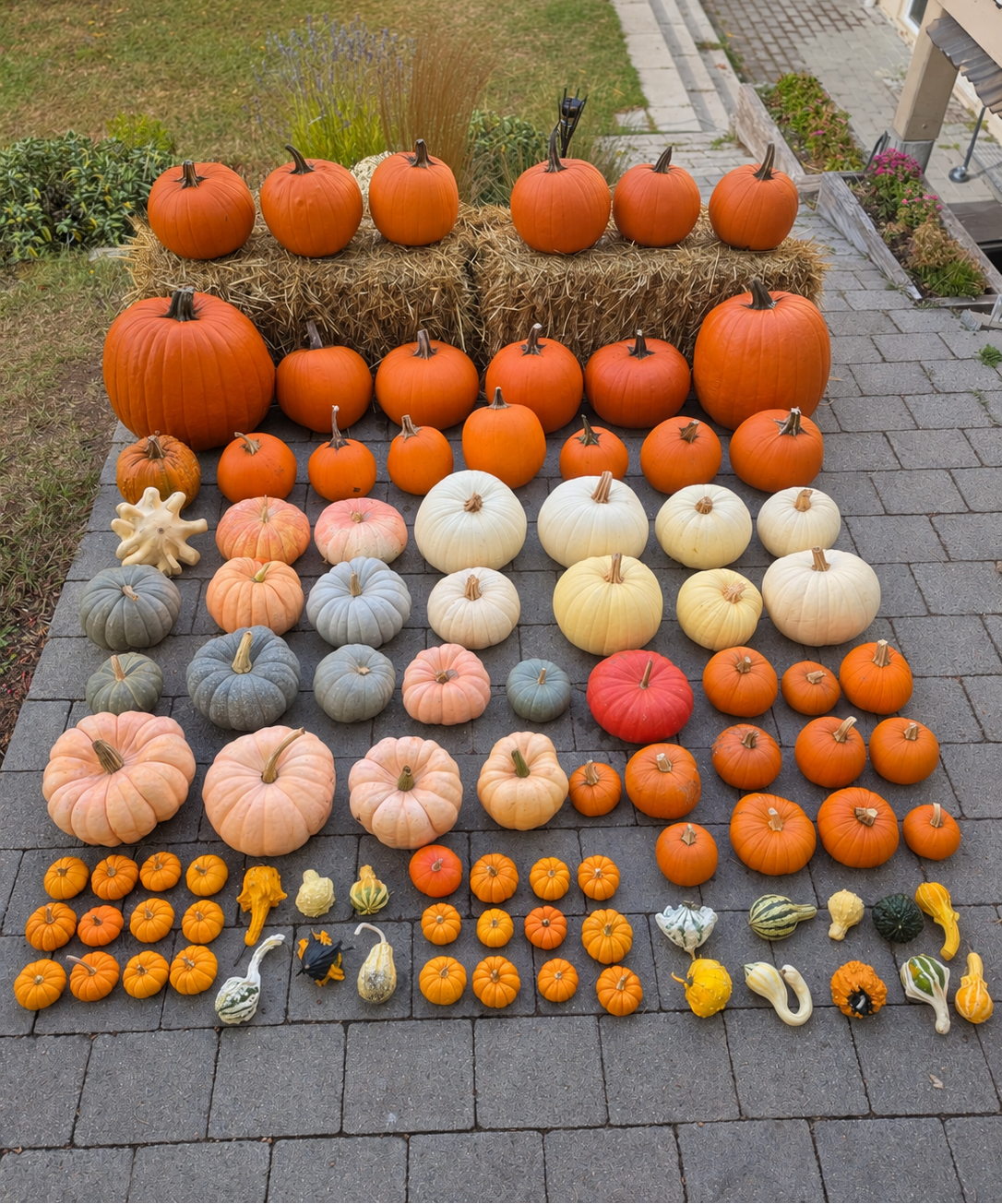 A large outdoor collection of assorted pumpkins and gourds arranged on a gray paved patio, with two hay bales holding orange pumpkins in the back. The produce includes many sizes and colors: orange, peach, cream, pale pink, blue-gray, red, yellow, and green.