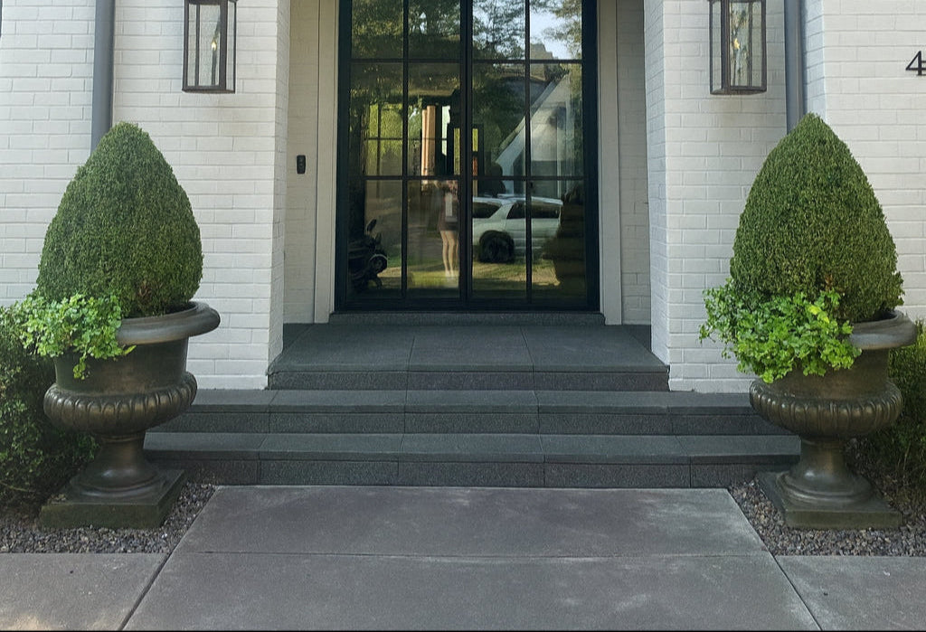 Front entrance of a house with a black door and decorative plants on either side.