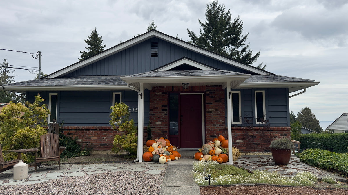 A single-story house with dark blue-gray siding and a brick front porch, decorated with pumpkins and gourds on the porch steps under an overcast sky.