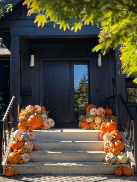 A front porch decorated with numerous orange, beige, and white pumpkins and gourds arranged on the steps and beside the double doors, with green leaves hanging from above.