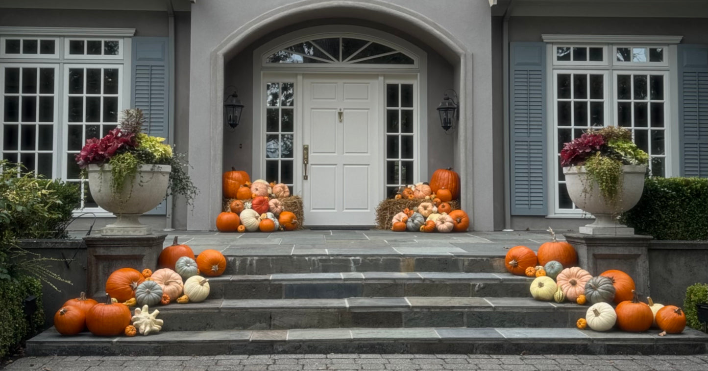 A front porch decorated with numerous pumpkins and gourds arranged on the steps and beside the white double doors, with large planters holding fall flowers on both sides.