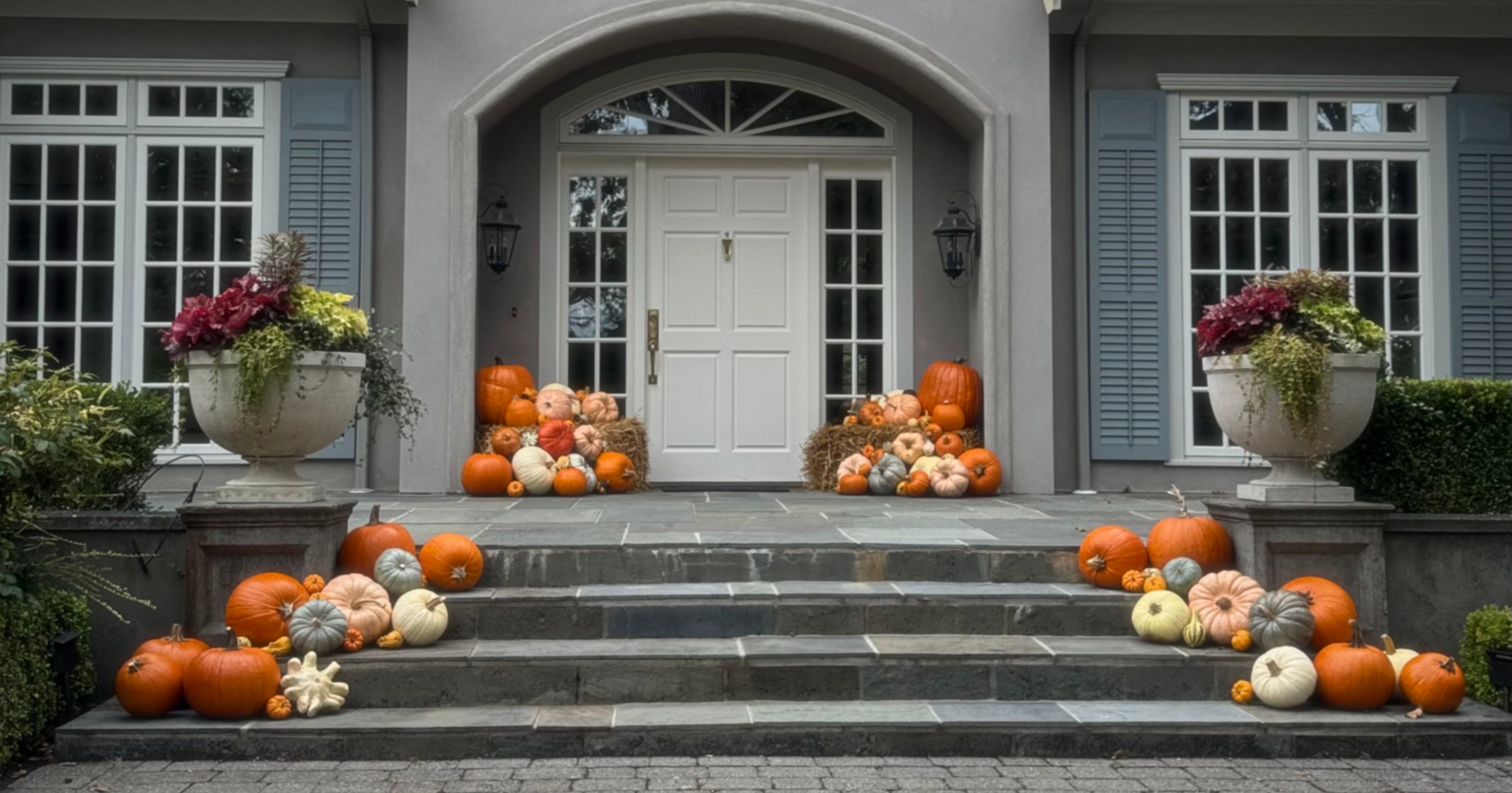A front porch decorated with numerous pumpkins and gourds arranged on the steps and beside the white double doors, with large planters holding fall flowers on both sides.