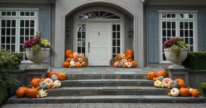 A front porch decorated with numerous pumpkins and gourds arranged on the steps and beside the white double doors, with large planters holding fall flowers on both sides.