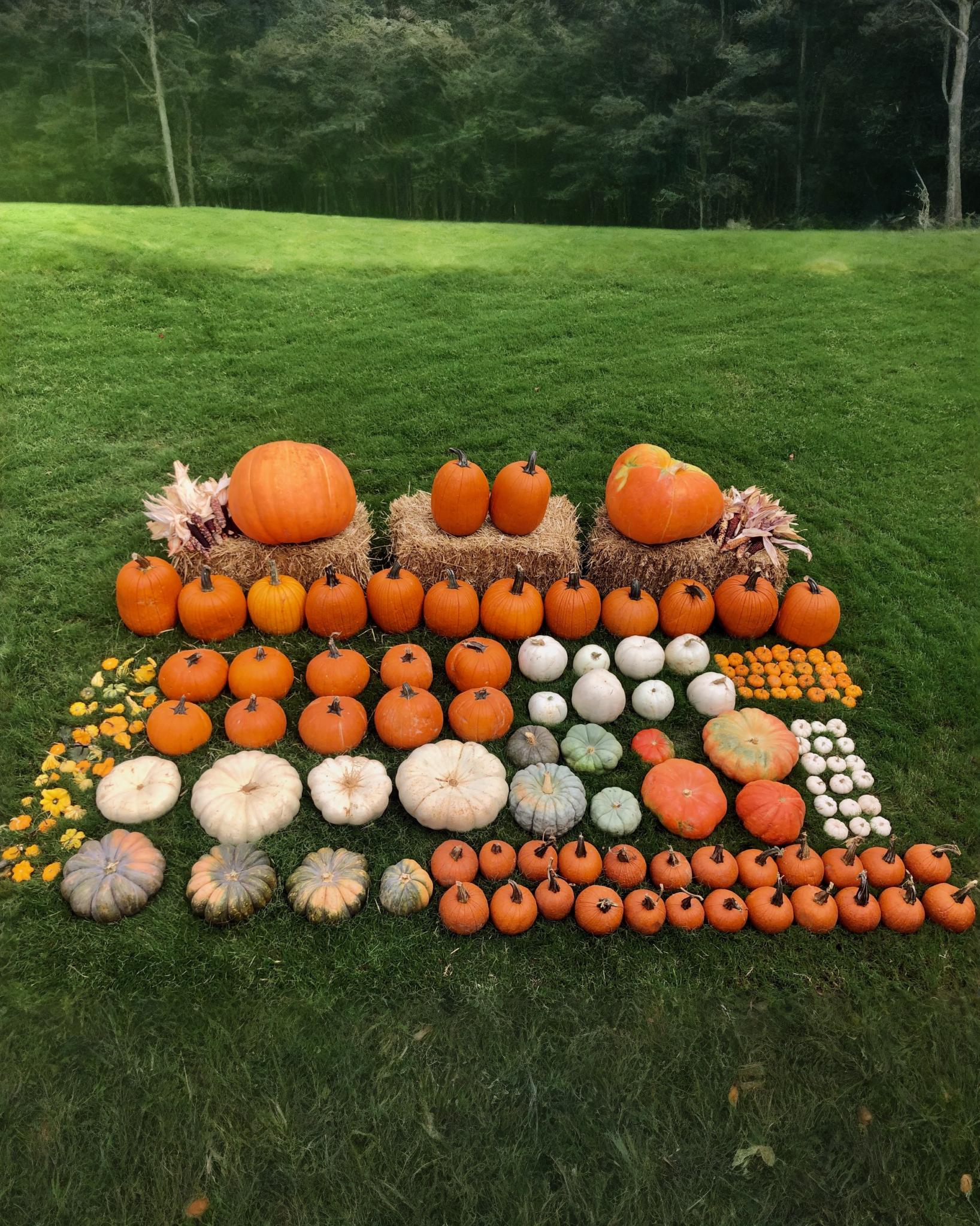 76 pumpkins of various sizes, shapes and colours, along with a variety of miniature pumpkins and gourds sit on three hay bales on the grass in a park. 