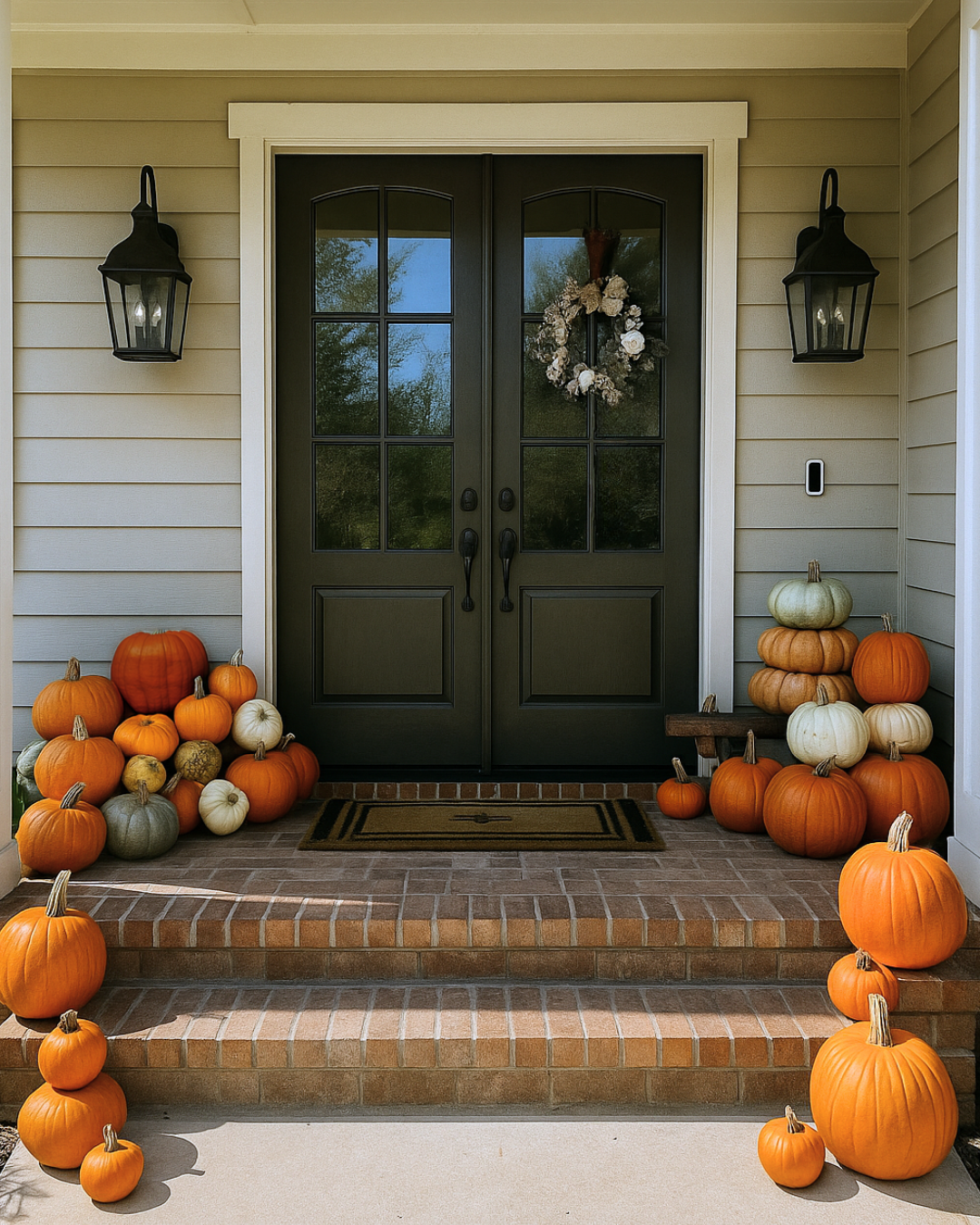 Front door with pumpkins and a wreath on a house exterior