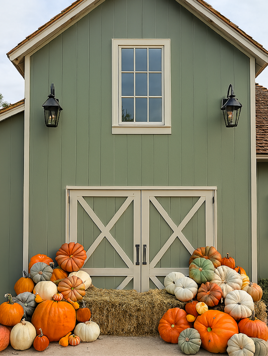 Green barn with pumpkins and hay bales in front