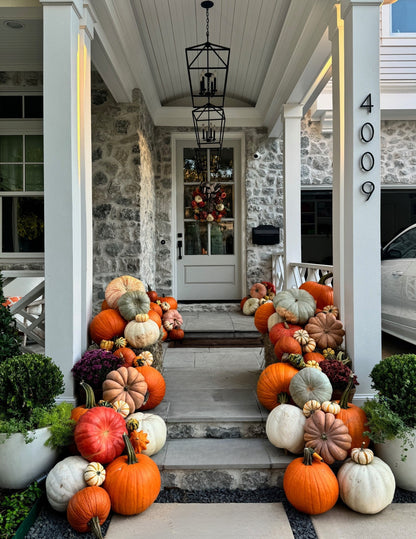 Decorative arrangement of pumpkins and gourds on a front porch.