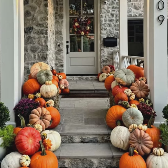 A video of a porch decorated with a variety of pumpkins in different shapes and sizes. 