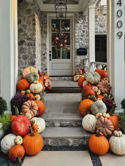 A video of a porch decorated with a variety of pumpkins in different shapes and sizes. 